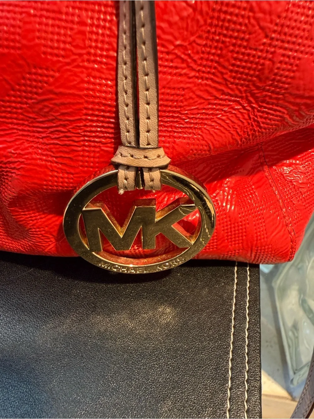 Michael Kors Reddish Orange Leather Crossbody Grayson Satchel. Tan Trim.